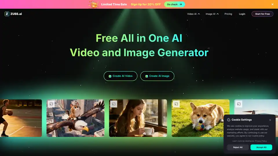 Zuss AI is an all-in-one creative platform leveraging advanced AI for generating high-quality images and videos. It supports text-to-video, image-to-video, text-to-image, and image-to-image functionalities, transforming ideas into stunning visuals efficiently.